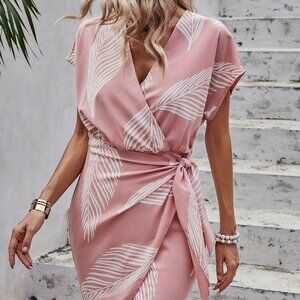 Pink Boho Women's Tropical Print Batwing Sleeve Knot Side Wrap Dress